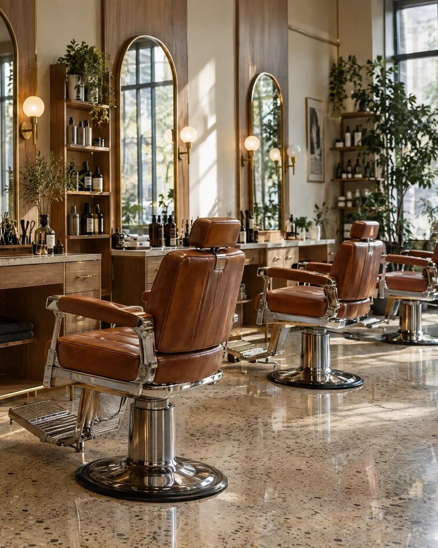 Salon mit Ledersesseln und Bogenfenstern